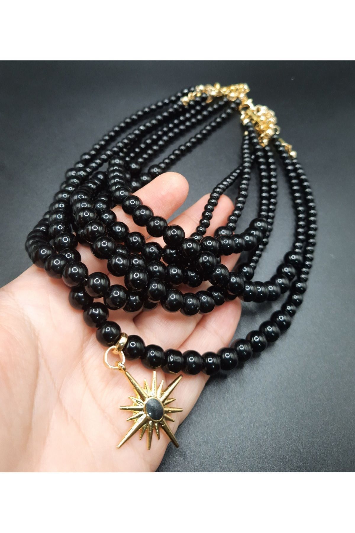 Kutup yıldızlı choker kolye ,siyah inci kolye,siyah choker kolye