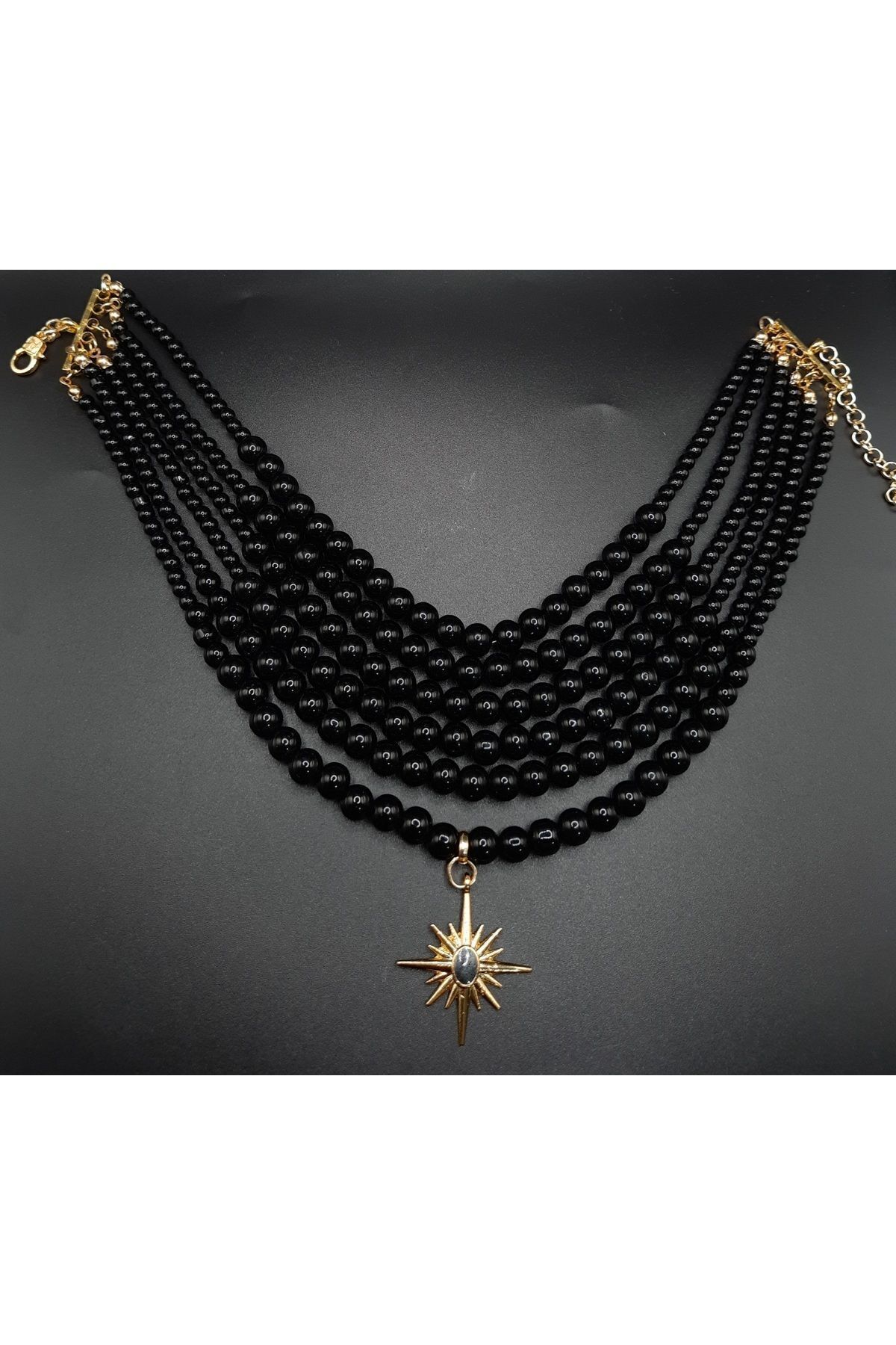 Kutup yıldızlı choker kolye ,siyah inci kolye,siyah choker kolye