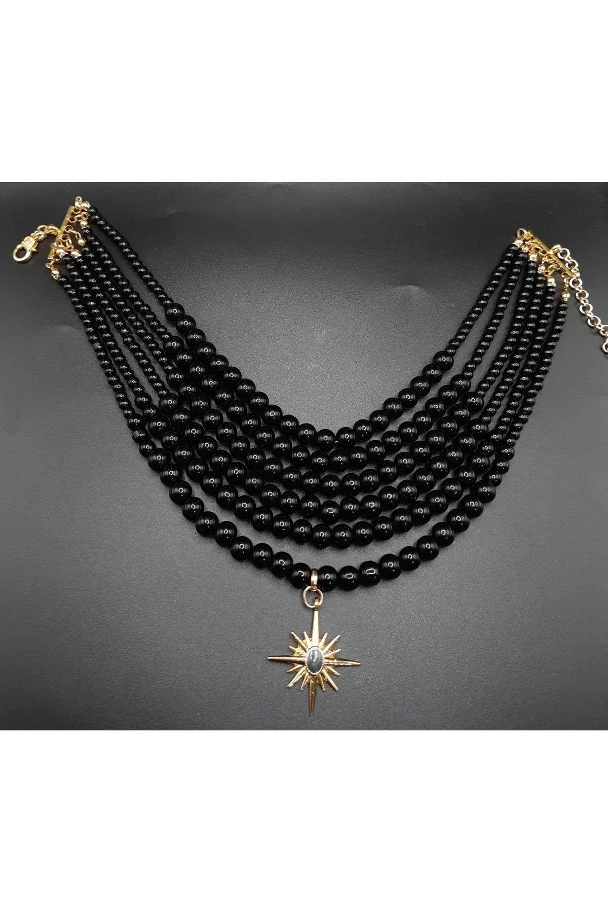 Kutup yıldızlı choker kolye ,siyah inci kolye,siyah choker kolye