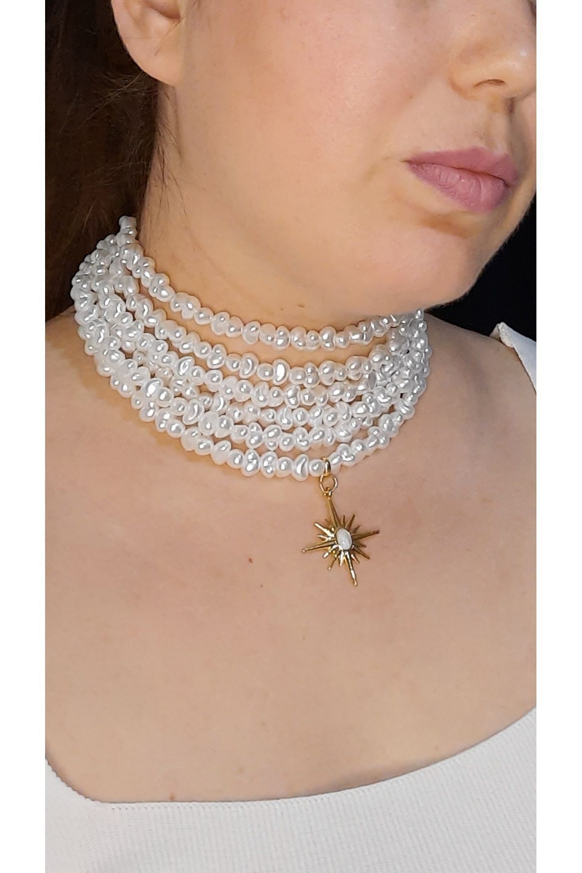 Choker yıldızlı kolye,choker inci kolye,çoklu kolye