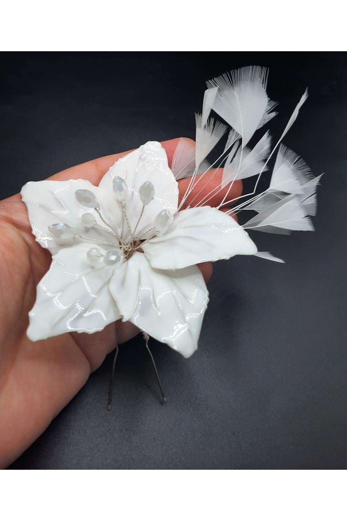 Big flowers,çiçek toka,beyaz toka,gelin saç aksesuarı,tüylü saç aksesuarı