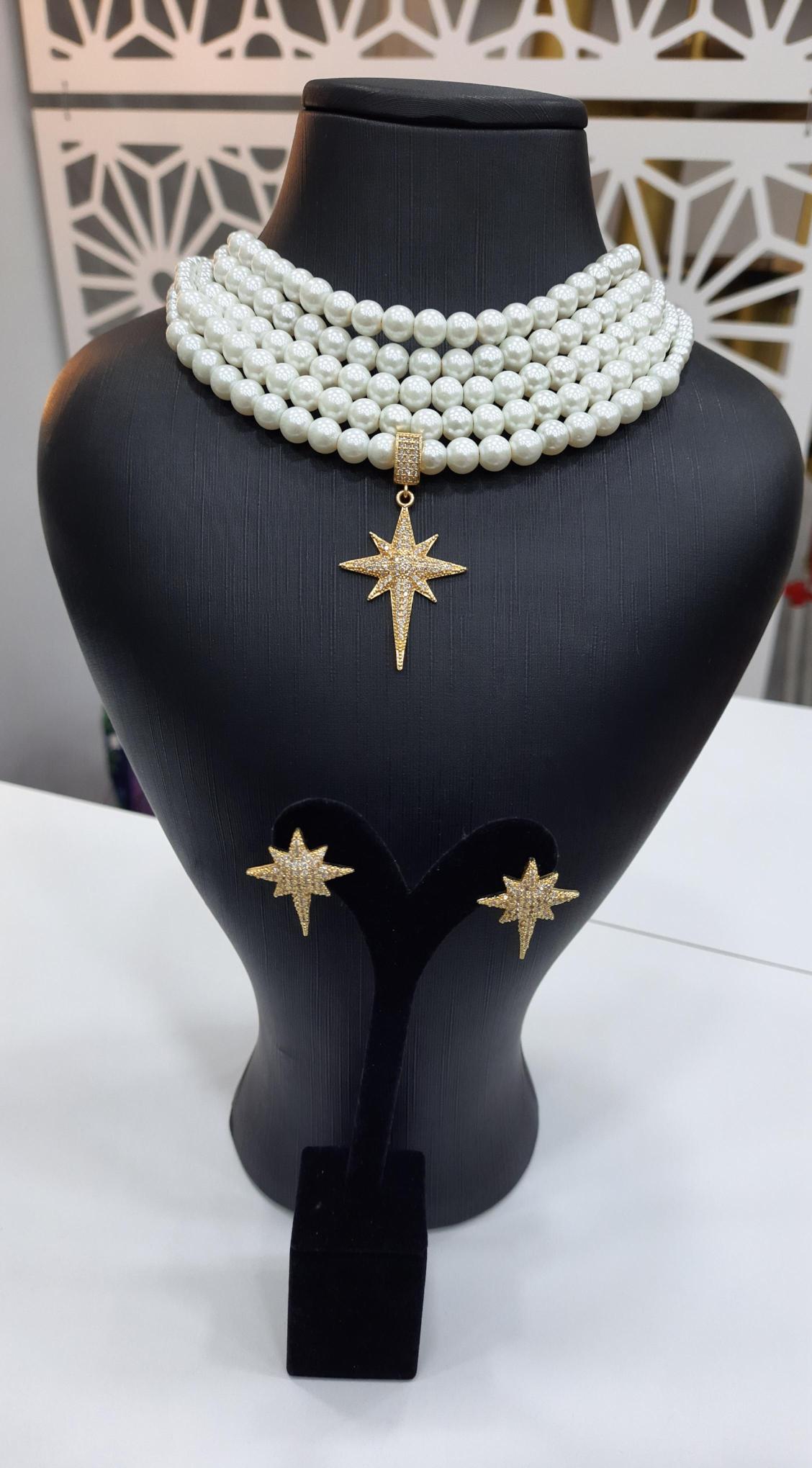 Kutup yıldızlı choker kolye küpe set,çoklu inci kolye küpe set