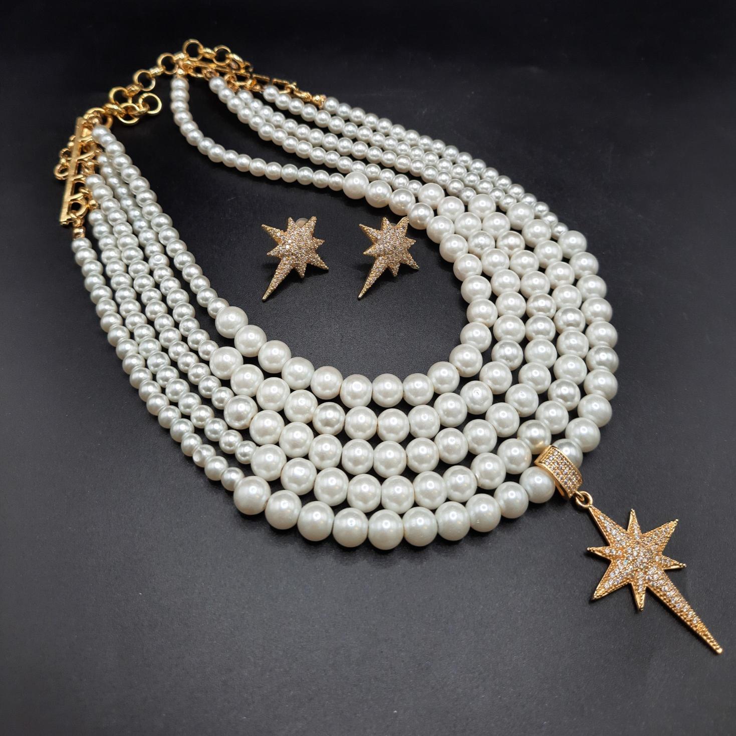 Kutup yıldızlı choker kolye küpe set,çoklu inci kolye küpe set