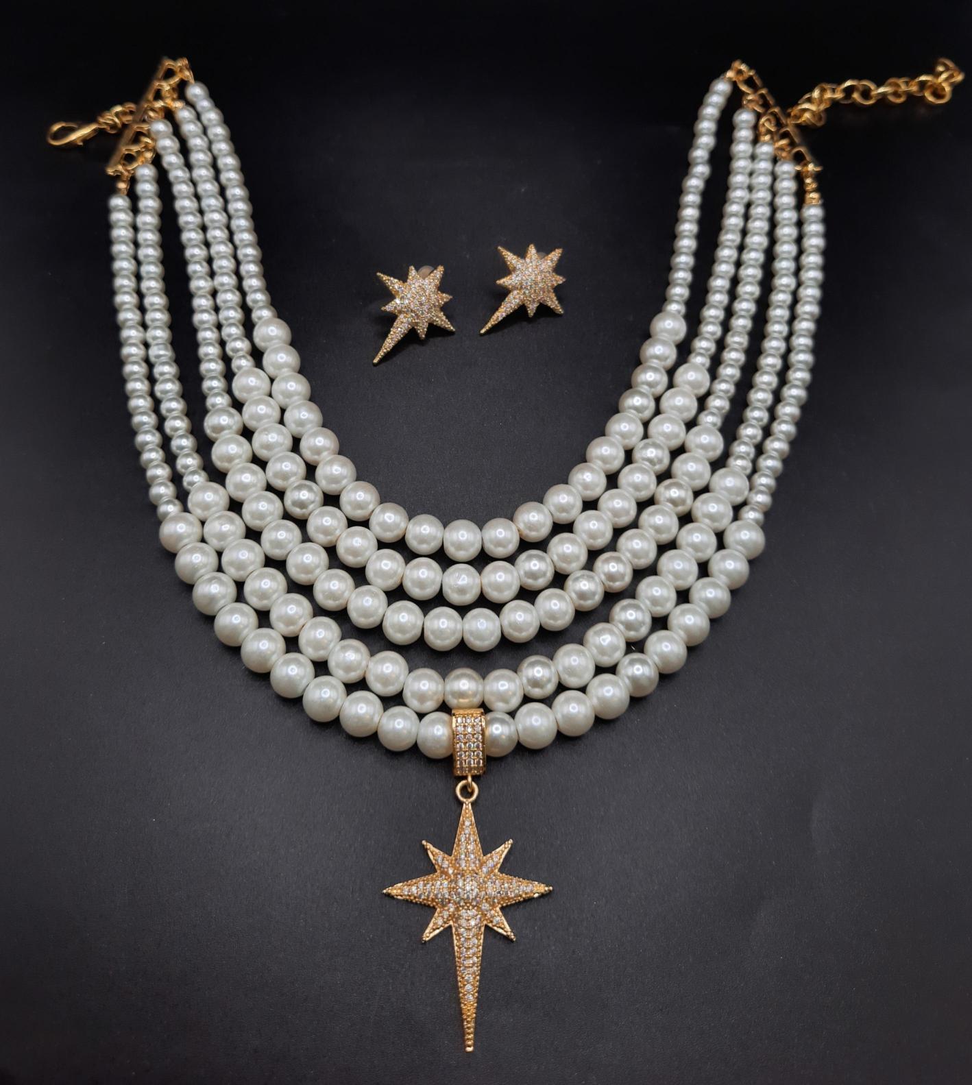 Kutup yıldızlı choker kolye küpe set,çoklu inci kolye küpe set
