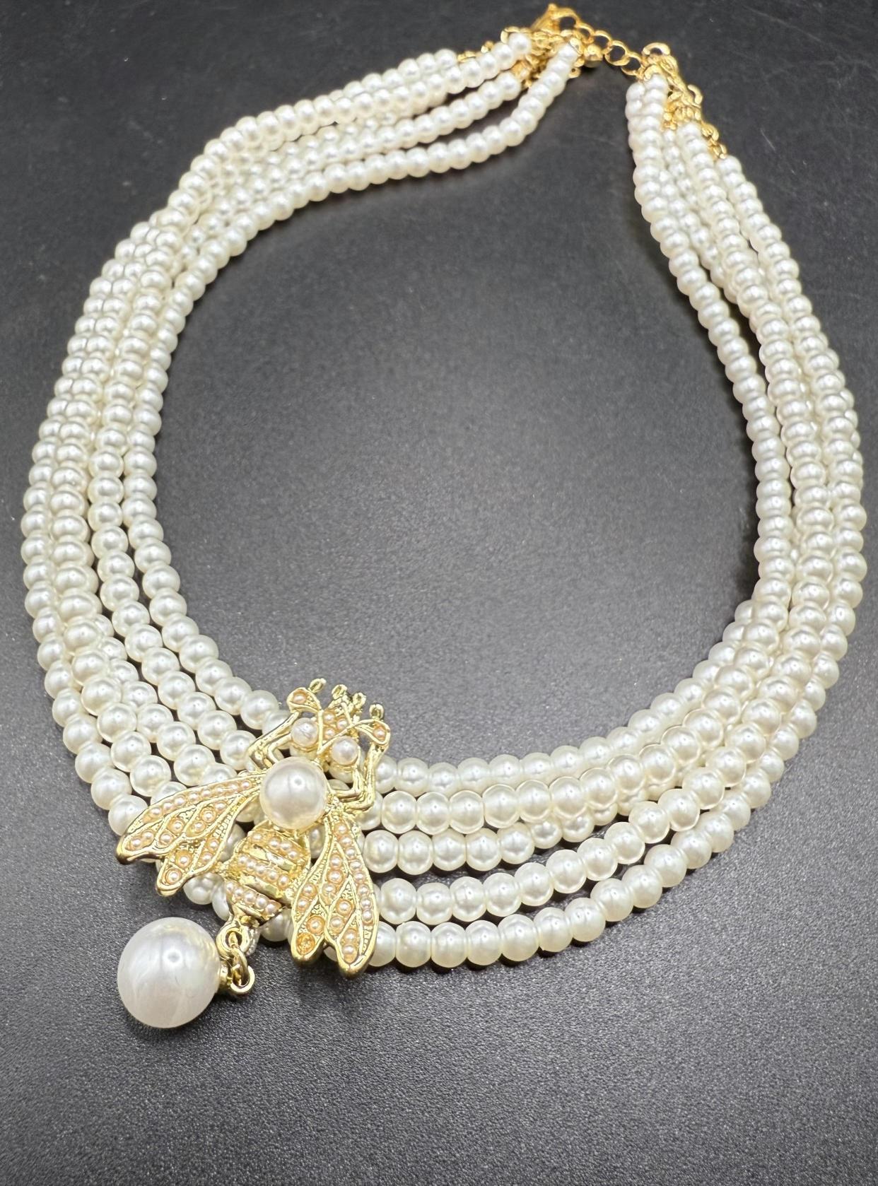 Tasarım çoklu kolye,arı figürlü kolye,inci Choker kolye