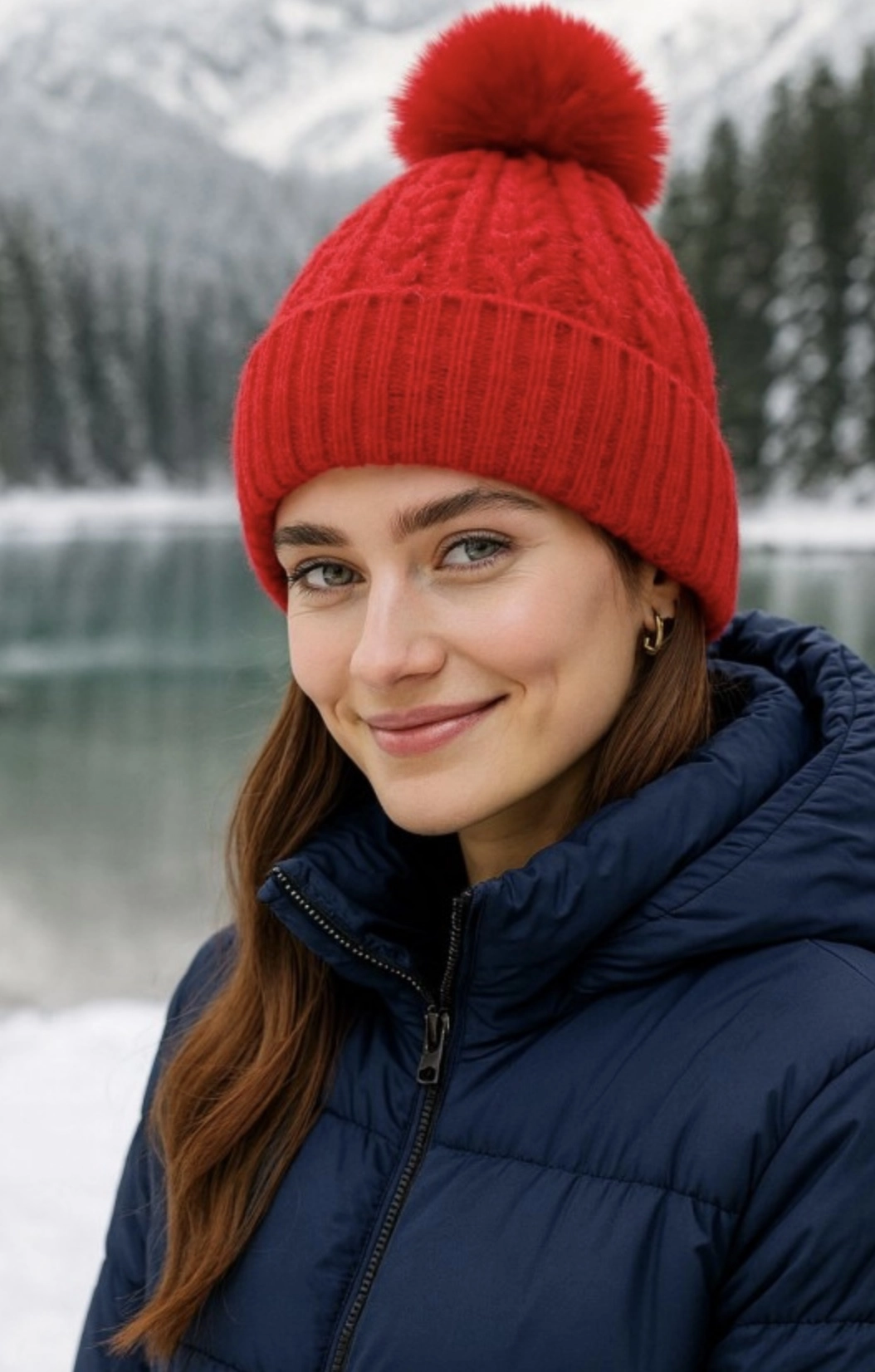Kırmızı  içi polarlı ponponlu bere