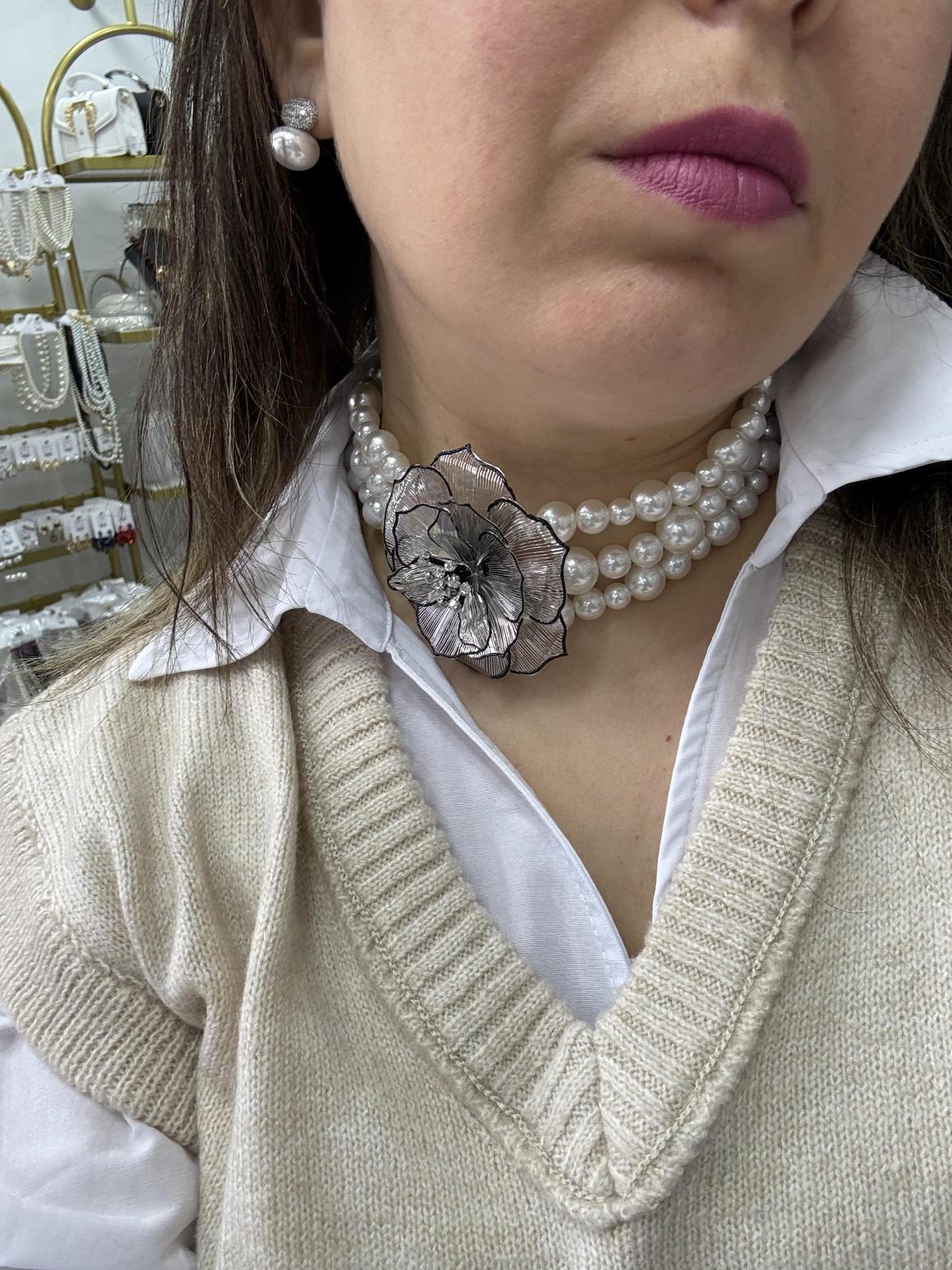 Çiçek detaylı incili Choker kolye ,inci kolye,çoklu kolye