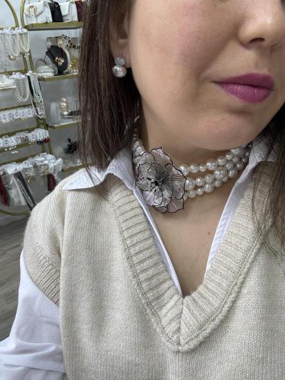 Çiçek detaylı incili çoklu kolye,Choker inci kolye,tasma kolye
