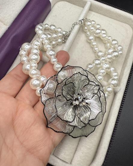 Çiçek detaylı incili çoklu kolye,Choker inci kolye,tasma kolye