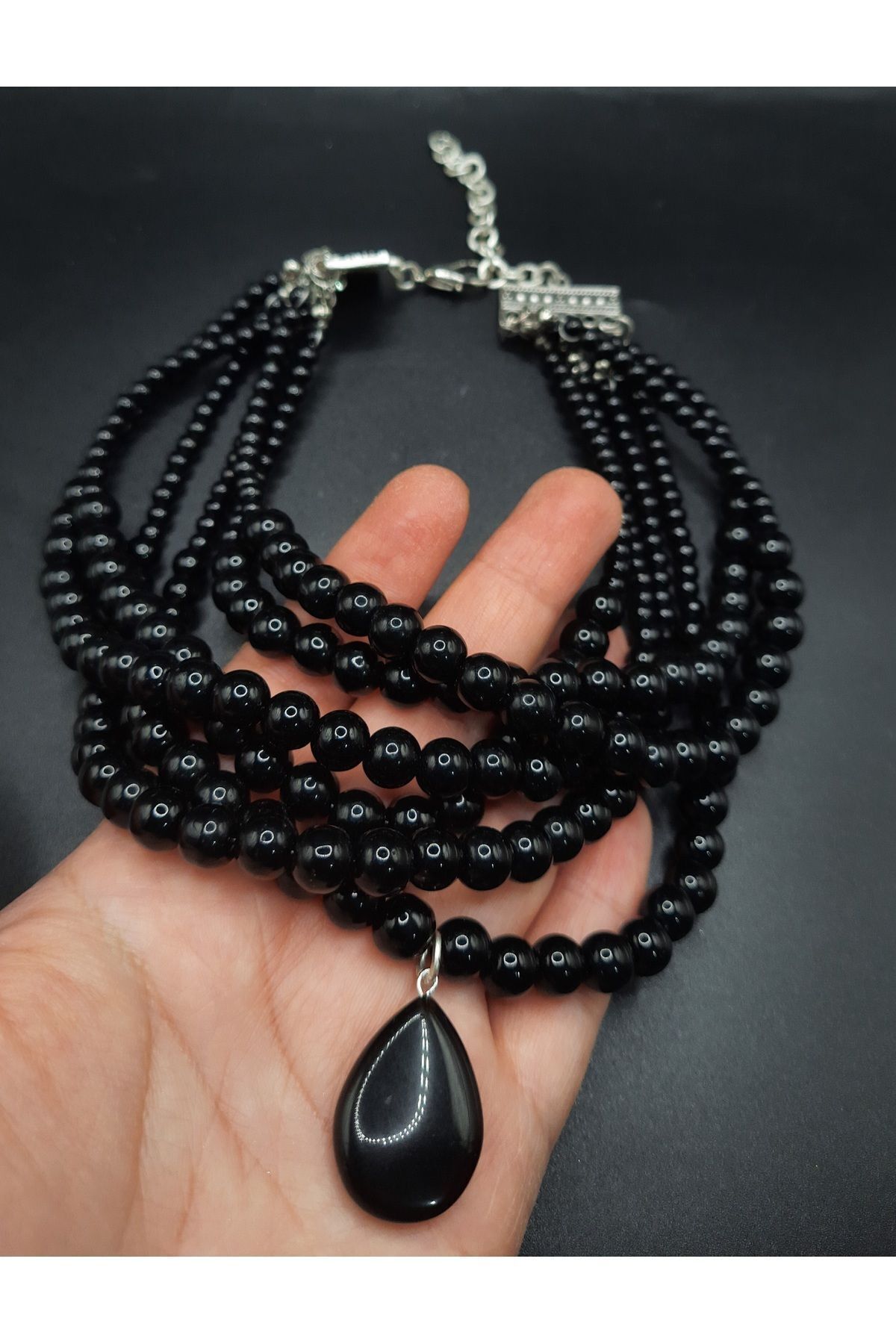 Siyah choker inci kolye,çoklu kolye,tasarım siyah kolye,inci choker
