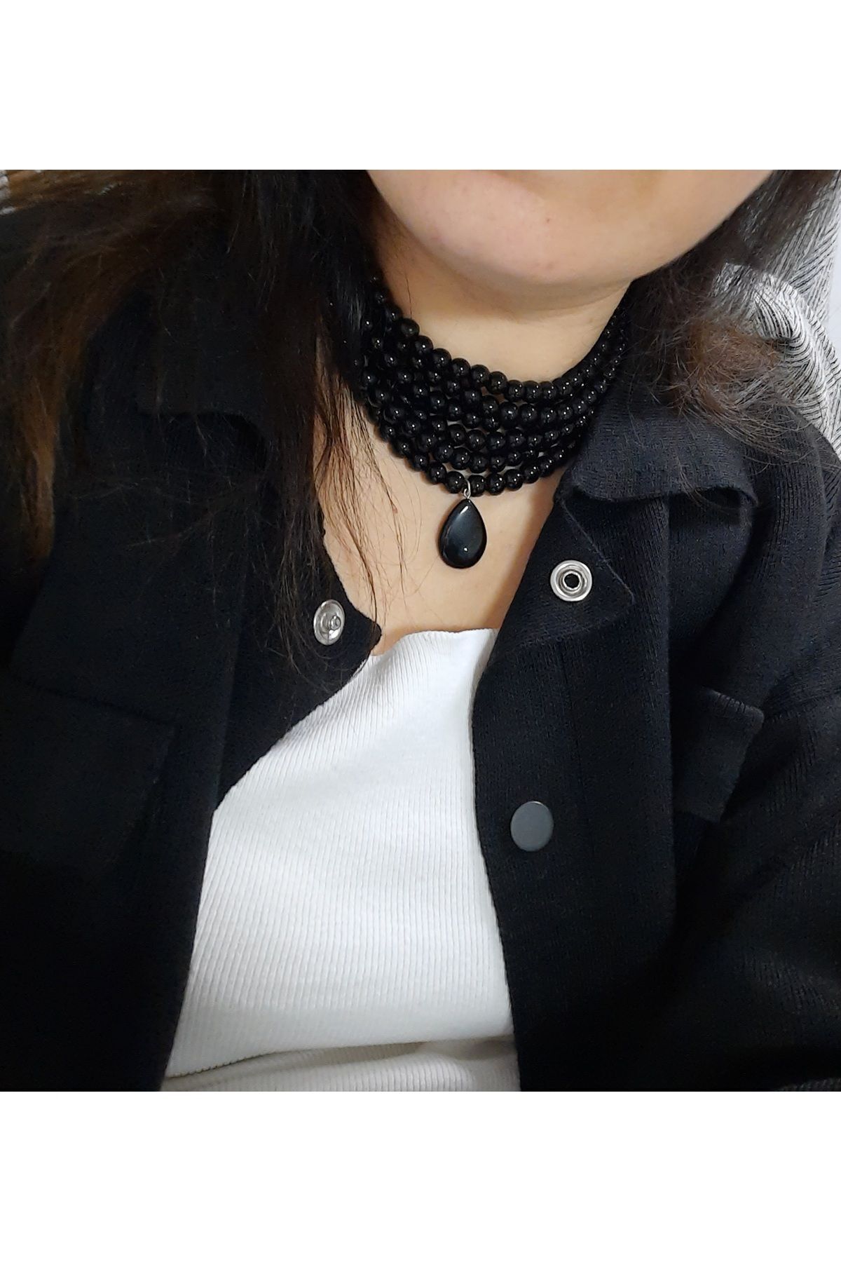 Siyah choker inci kolye,çoklu kolye,tasarım siyah kolye,inci choker