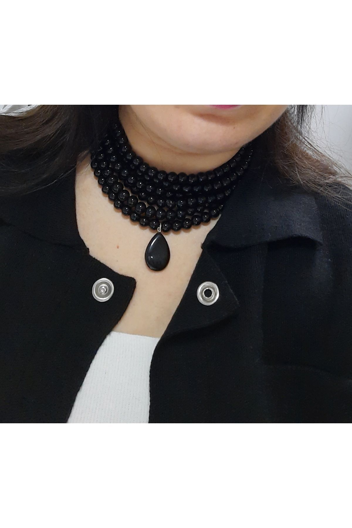 Siyah choker inci kolye,çoklu kolye,tasarım siyah kolye,inci choker